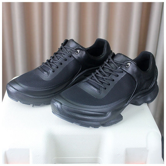 2025 Breathable Genuine Leather Men’s Outdoor Casual Sneakers – Black Low‑Cut Summer Lace‑Up Running‑Style Shoes